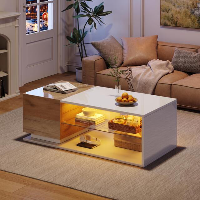 High-Gloss Coffee Table with Open Centre 2-Tier Storage and App-Controlled LED Strip, Desk for Living Room, 105L x 50W x 36H cm, White+Wood - Aosom UK - image 1