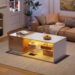 High-Gloss Coffee Table with Open Centre 2-Tier Storage and App-Controlled LED Strip, Desk for Living Room, 105L x 50W x 36H cm, White+Wood - Aosom UK - thumbnail 1
