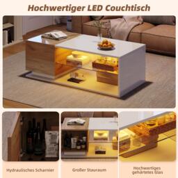 High-Gloss Coffee Table with Open Centre 2-Tier Storage and App-Controlled LED Strip, Desk for Living Room, 105L x 50W x 36H cm, White+Wood - Aosom UK - thumbnail 5