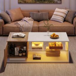 High-Gloss Coffee Table with Open Centre 2-Tier Storage and App-Controlled LED Strip, Desk for Living Room, 105L x 50W x 36H cm, White+Wood - Aosom UK - thumbnail 7