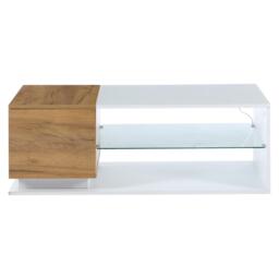 High-Gloss Coffee Table with Open Centre 2-Tier Storage and App-Controlled LED Strip, Desk for Living Room, 105L x 50W x 36H cm, White+Wood - Aosom UK - thumbnail 2