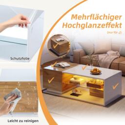 High-Gloss Coffee Table with Open Centre 2-Tier Storage and App-Controlled LED Strip, Desk for Living Room, 105L x 50W x 36H cm, White+Wood - Aosom UK - thumbnail 6