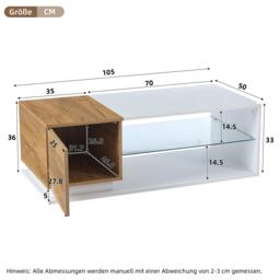 High-Gloss Coffee Table with Open Centre 2-Tier Storage and App-Controlled LED Strip, Desk for Living Room, 105L x 50W x 36H cm, White+Wood - Aosom UK - thumbnail 3