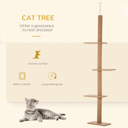 PawHut Floor to Ceiling Cat Tree, 260cm Tall with 3 Perches and Flannel Upholstery, Activity & Rest Tower, Brown - Aosom UK - thumbnail 4
