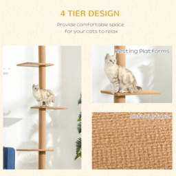 PawHut Floor to Ceiling Cat Tree, 260cm Tall with 3 Perches and Flannel Upholstery, Activity & Rest Tower, Brown - Aosom UK - thumbnail 6