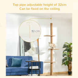 PawHut Floor to Ceiling Cat Tree, 260cm Tall with 3 Perches and Flannel Upholstery, Activity & Rest Tower, Brown - Aosom UK - thumbnail 5
