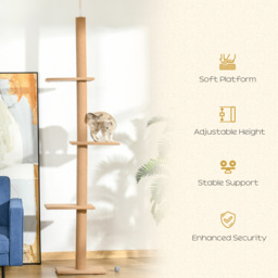 PawHut Floor to Ceiling Cat Tree, 260cm Tall with 3 Perches and Flannel Upholstery, Activity & Rest Tower, Brown - Aosom UK - thumbnail 7