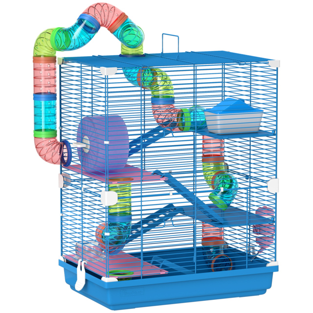 PawHut 5 Tier Hamster Cage Carrier Habitat w/ Exercise Wheels, Tunnel, Blue - image 1