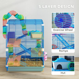 PawHut 5 Tier Hamster Cage Carrier Habitat w/ Exercise Wheels, Tunnel, Blue - thumbnail 6