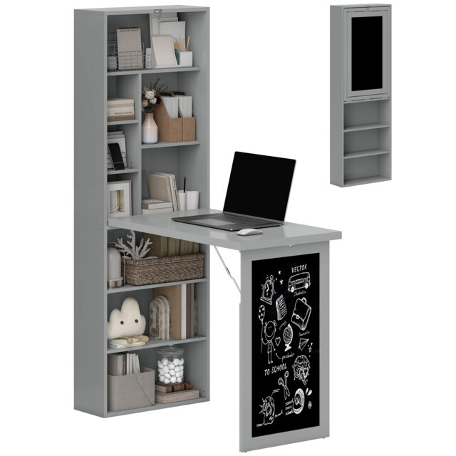 HOMCOM Fold-out Convertible Writing Desk Wall Mount Cabinet with Blackboard and Side Shelf Multi-Function Home Office Workstation, Grey - Aosom UK - image 1