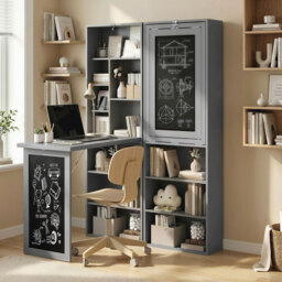 HOMCOM Fold-out Convertible Writing Desk Wall Mount Cabinet with Blackboard and Side Shelf Multi-Function Home Office Workstation, Grey - Aosom UK - thumbnail 2