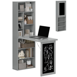 HOMCOM Fold-out Convertible Writing Desk Wall Mount Cabinet with Blackboard and Side Shelf Multi-Function Home Office Workstation, Grey - Aosom UK - thumbnail 1