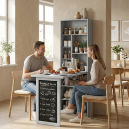 HOMCOM Fold-out Convertible Writing Desk Wall Mount Cabinet with Blackboard and Side Shelf Multi-Function Home Office Workstation, Grey - Aosom UK - thumbnail 9