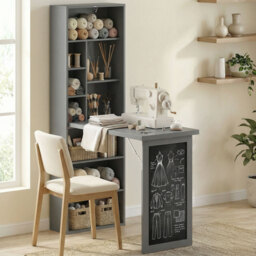 HOMCOM Fold-out Convertible Writing Desk Wall Mount Cabinet with Blackboard and Side Shelf Multi-Function Home Office Workstation, Grey - Aosom UK - thumbnail 8