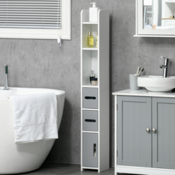 Kleankin Freestanding Bathroom Cabinet, Modern Tall Storage with Open Shelves and 3 Cupboards, for Bedroom Hallway, Grey - Aosom UK - thumbnail 2