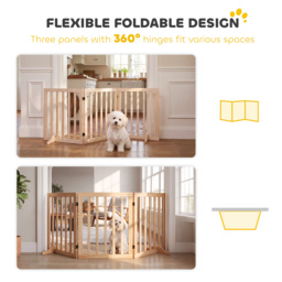 PawHut Wooden Dog Gate, 3-Panel Freestanding Pet Gates Indoor with 2 Support Feet and 360° Flexible Hinges, Natural - thumbnail 5