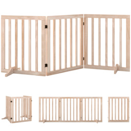 PawHut Wooden Dog Gate, 3-Panel Freestanding Pet Gates Indoor with 2 Support Feet and 360° Flexible Hinges, Natural - thumbnail 1