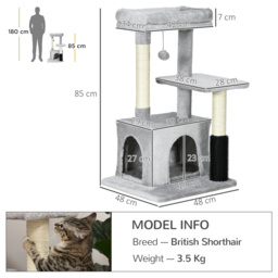 PawHut Cat Tree Tower with Sisal Scratching Posts, Kitten Climbing Activity Centre, Massage Toy Included, 48 x 48 x 80cm, Light Grey - Aosom UK - thumbnail 3