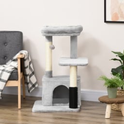 PawHut Cat Tree Tower with Sisal Scratching Posts, Kitten Climbing Activity Centre, Massage Toy Included, 48 x 48 x 80cm, Light Grey - Aosom UK - thumbnail 9