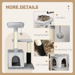 PawHut Cat Tree Tower with Sisal Scratching Posts, Kitten Climbing Activity Centre, Massage Toy Included, 48 x 48 x 80cm, Light Grey - Aosom UK - thumbnail 5