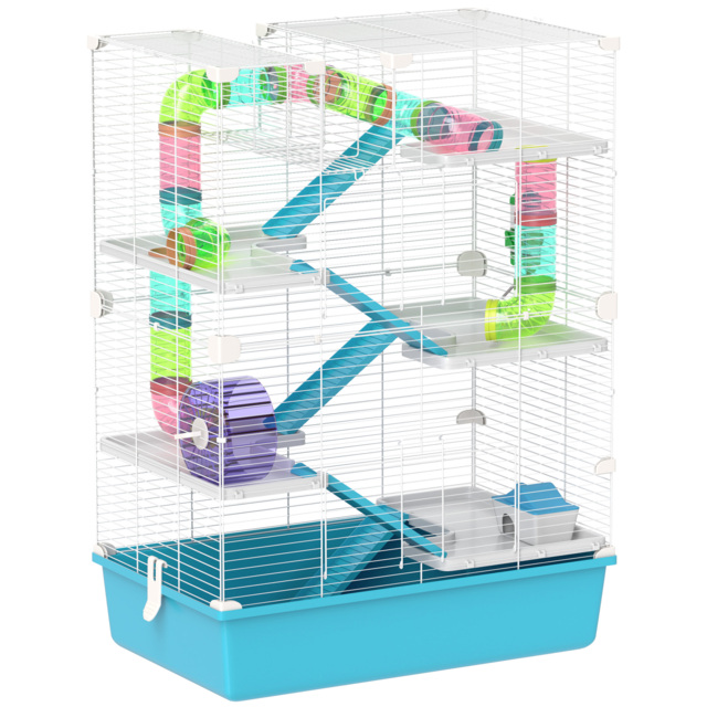 PawHut 6 Tier Hamster Cage, Small Animal Cage with Tubes, Exercise Wheel, Ramps, Hut, Food Dish, Water Bottle, Light Blue - image 1