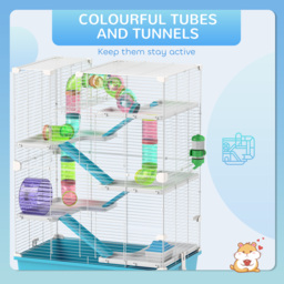 PawHut 6 Tier Hamster Cage, Small Animal Cage with Tubes, Exercise Wheel, Ramps, Hut, Food Dish, Water Bottle, Light Blue - thumbnail 5