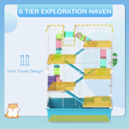 PawHut 6 Tier Hamster Cage, Small Animal Cage with Tubes, Exercise Wheel, Ramps, Hut, Food Dish, Water Bottle, Light Blue - thumbnail 4
