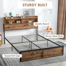 HOMCOM Industrial King Bed Frame, 5.2FT Steel Bed Base w/ Storage Headboard, Footboard, Under Bed Storage, 158 x 222cm, Rustic Brown - thumbnail 7