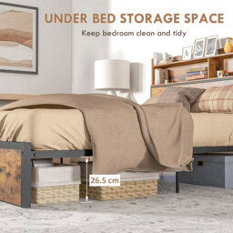 HOMCOM Industrial King Bed Frame, 5.2FT Steel Bed Base w/ Storage Headboard, Footboard, Under Bed Storage, 158 x 222cm, Rustic Brown - thumbnail 5