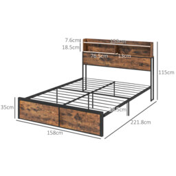 HOMCOM Industrial King Bed Frame, 5.2FT Steel Bed Base w/ Storage Headboard, Footboard, Under Bed Storage, 158 x 222cm, Rustic Brown - thumbnail 3