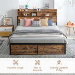 HOMCOM Industrial King Bed Frame, 5.2FT Steel Bed Base w/ Storage Headboard, Footboard, Under Bed Storage, 158 x 222cm, Rustic Brown - thumbnail 6