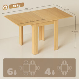 HOMCOM Folding Dining Table for 4-6, Rectangular Extendable Drop Leaf Table for Small Spaces, 140 x 80 x 77.5 cm, Natural - thumbnail 3