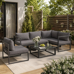 Outsunny 5 Seater Aluminium Garden Furniture Set with High-density Padding Cushions Garden Sofa Set with Tempered Glass Table, Grey - Aosom UK - thumbnail 2