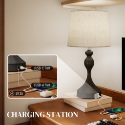 HOMCOM Set of Two Three-Colour Lamps, with USB Ports - Black/Beige - thumbnail 5