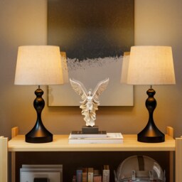 HOMCOM Set of Two Three-Colour Lamps, with USB Ports - Black/Beige - thumbnail 2