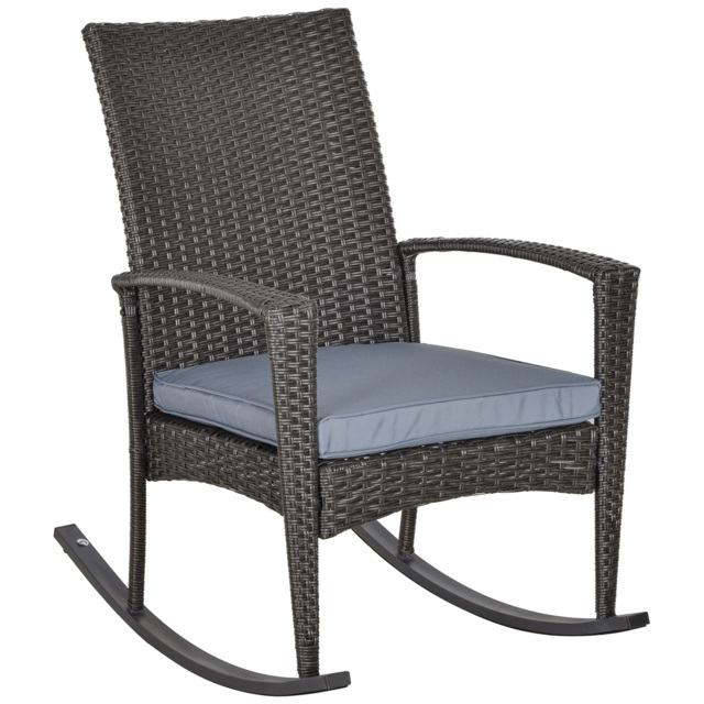 Outsunny Rattan Rocking Chair with Armrest and Cushion, Outdoor Rocking Chair with PE wicker and Safety Foot Stopper, Grey - Aosom UK - image 1