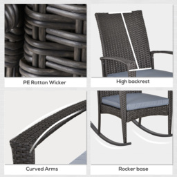 Outsunny Rattan Rocking Chair with Armrest and Cushion, Outdoor Rocking Chair with PE wicker and Safety Foot Stopper, Grey - Aosom UK - thumbnail 6
