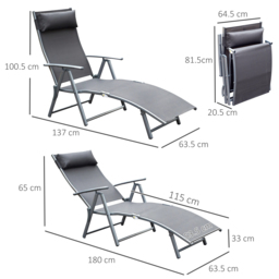 Outsunny Folding Sun Lounger, Texteline Recliner Chair, 5-Level Adjustable Patio Garden, Grey - thumbnail 3