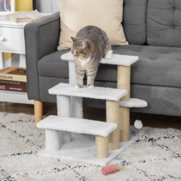 PawHut Pet Stair with 3-step Climb Ladder, Scratching Posts, Platforms, Toy Ball, for Indoor Cats Kittens, White - Aosom UK - thumbnail 2