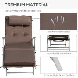 Outsunny Garden Sun Lounger, Foldable Reclining Chair with Pillow and Adjustable Back, Texteline Fabric, Brown - Aosom UK - thumbnail 7