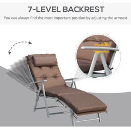 Outsunny Garden Sun Lounger, Foldable Reclining Chair with Pillow and Adjustable Back, Texteline Fabric, Brown - Aosom UK - thumbnail 4