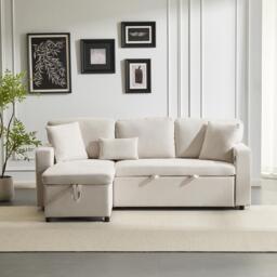 3 Seater Corner Sofa with Integrated Side Shelf and Built-in USB, Modular Sofa with Footstool and 3 Cushions, 214L x 131W x 87H cm, Beige - Aosom UK - thumbnail 7