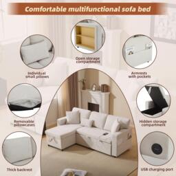 3 Seater Corner Sofa with Integrated Side Shelf and Built-in USB, Modular Sofa with Footstool and 3 Cushions, 214L x 131W x 87H cm, Beige - Aosom UK - thumbnail 6