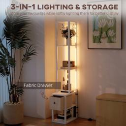 HOMCOM Floor Lamp with Shelves, LED Column Modern Standing Lamp with Fabric Drawer, Adjustable Brightness, Foot Switch for Living Room, Bedroom, Office, White - thumbnail 4