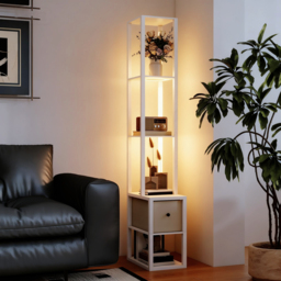 HOMCOM Floor Lamp with Shelves, LED Column Modern Standing Lamp with Fabric Drawer, Adjustable Brightness, Foot Switch for Living Room, Bedroom, Office, White - thumbnail 8