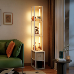 HOMCOM Floor Lamp with Shelves, LED Column Modern Standing Lamp with Fabric Drawer, Adjustable Brightness, Foot Switch for Living Room, Bedroom, Office, White - thumbnail 7