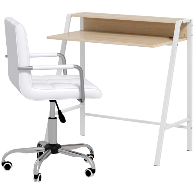 HOMCOM Office Chair and Desk Set, Faux Leather Swivel Chair, Study Desk with Storage Shelf, White. - Aosom UK - image 1