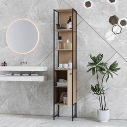 HOMCOM Tall Bathroom Cabinet with Open Shelves and Adjustable Shelf - Natural Wood Finish - thumbnail 9