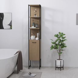 HOMCOM Tall Bathroom Cabinet with Open Shelves and Adjustable Shelf - Natural Wood Finish - thumbnail 8