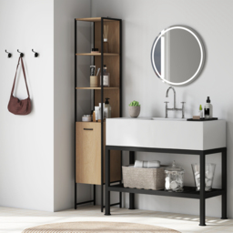 HOMCOM Tall Bathroom Cabinet with Open Shelves and Adjustable Shelf - Natural Wood Finish - thumbnail 2